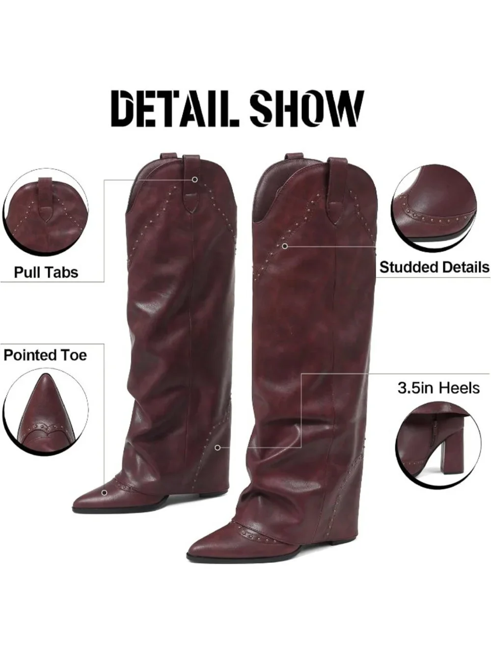 Women's Burgundy Chunky Heel Elegant Cowgirl Fold Over Knee High Shark Boots
